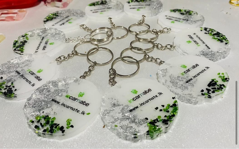 Branded Incarnate resin keytags with green and silver flakes, made by Resin Gallery by Suu