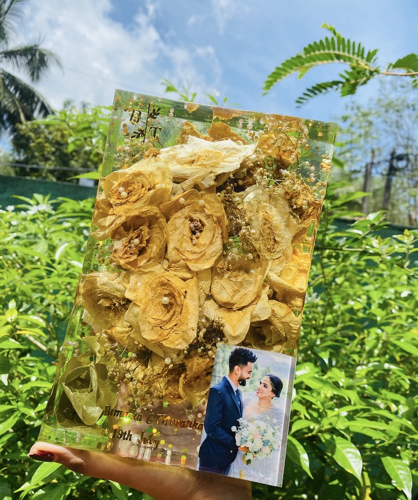 Golden preserved wedding bouquet block — handcrafted resin art by Resin Gallery by Suu
