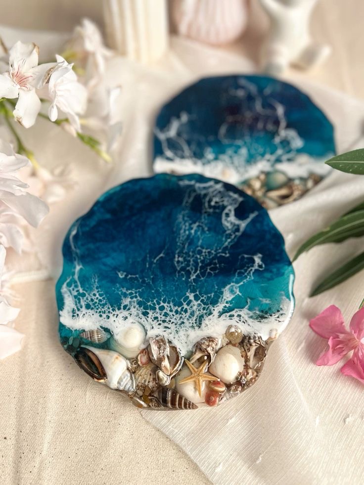 Paired ocean-wave coasters with starfish — handcrafted resin art by Resin Gallery by Suu