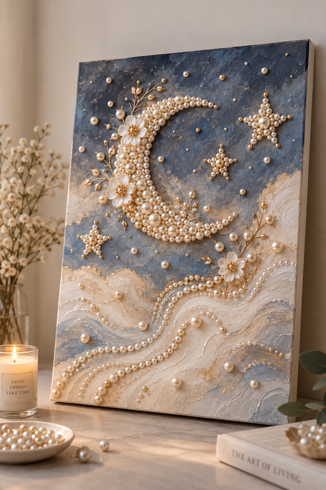 A pearl and gold crescent moon wall art piece with stars, displayed in a home setting with candles