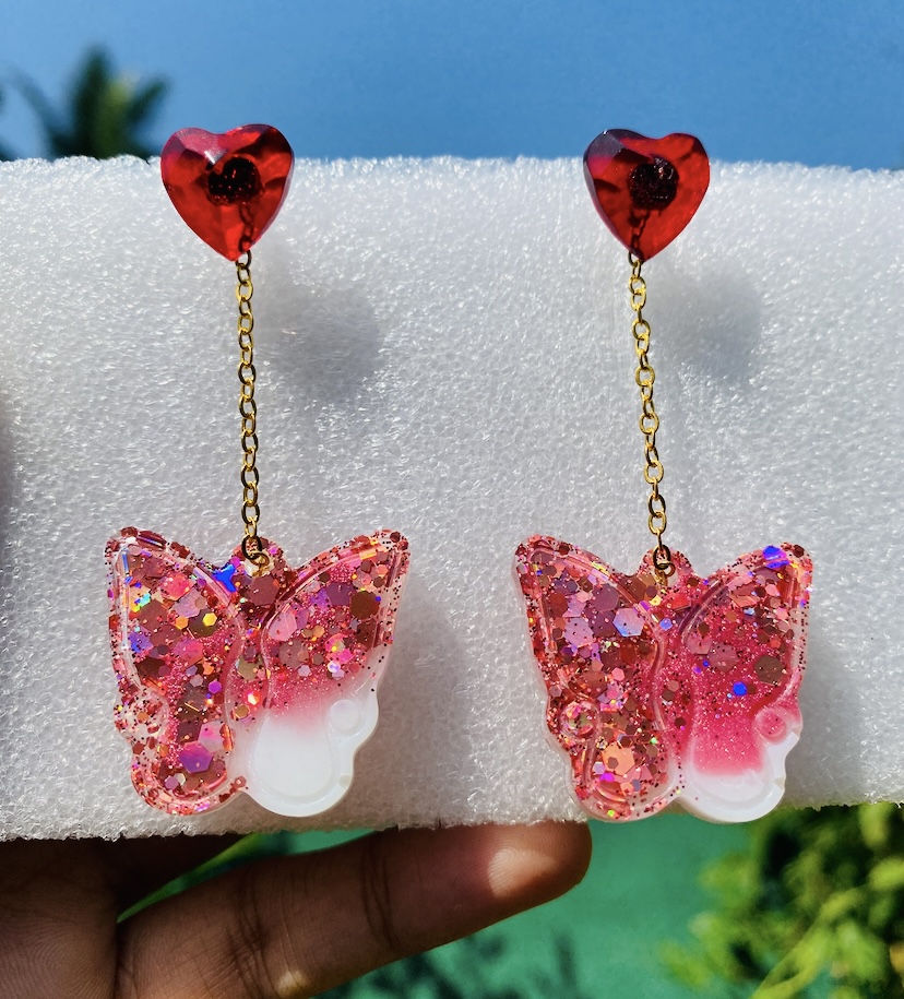 Pink butterfly earrings — handcrafted resin art by Resin Gallery by Suu