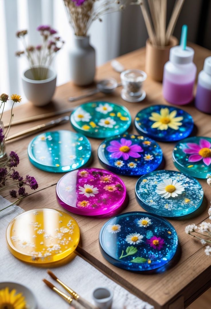 Pressed-flower resin coaster flat-lay — handcrafted resin art by Resin Gallery by Suu