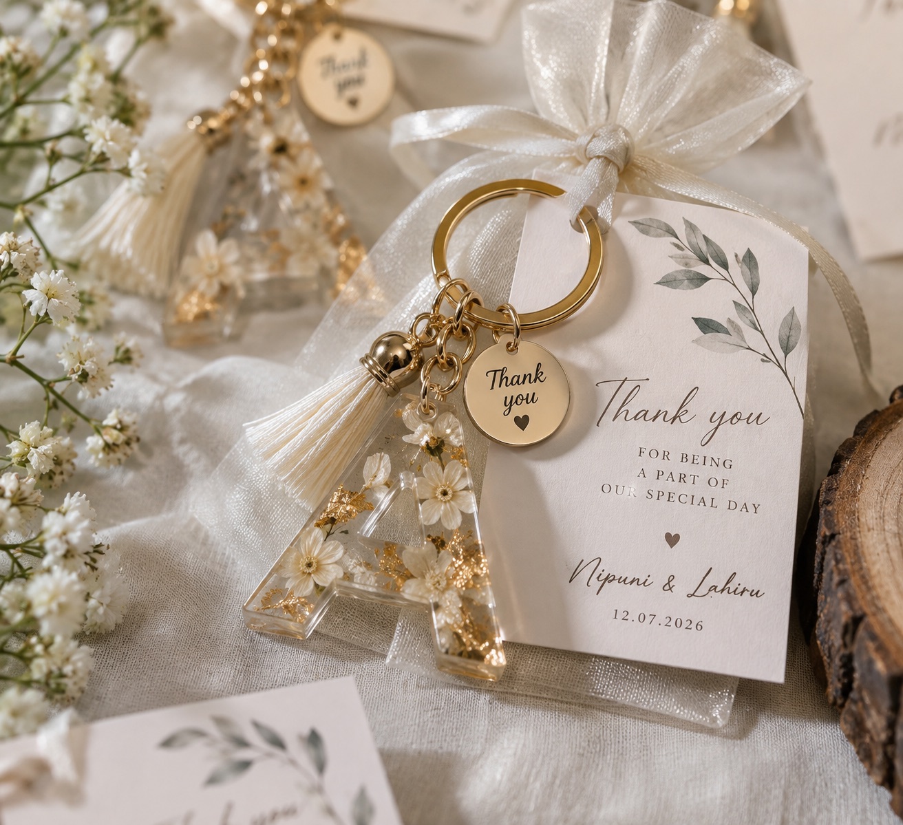 Wedding favour letter keytag with thank-you tag — from WEDDING FAVOURS, Resin Gallery by Suu