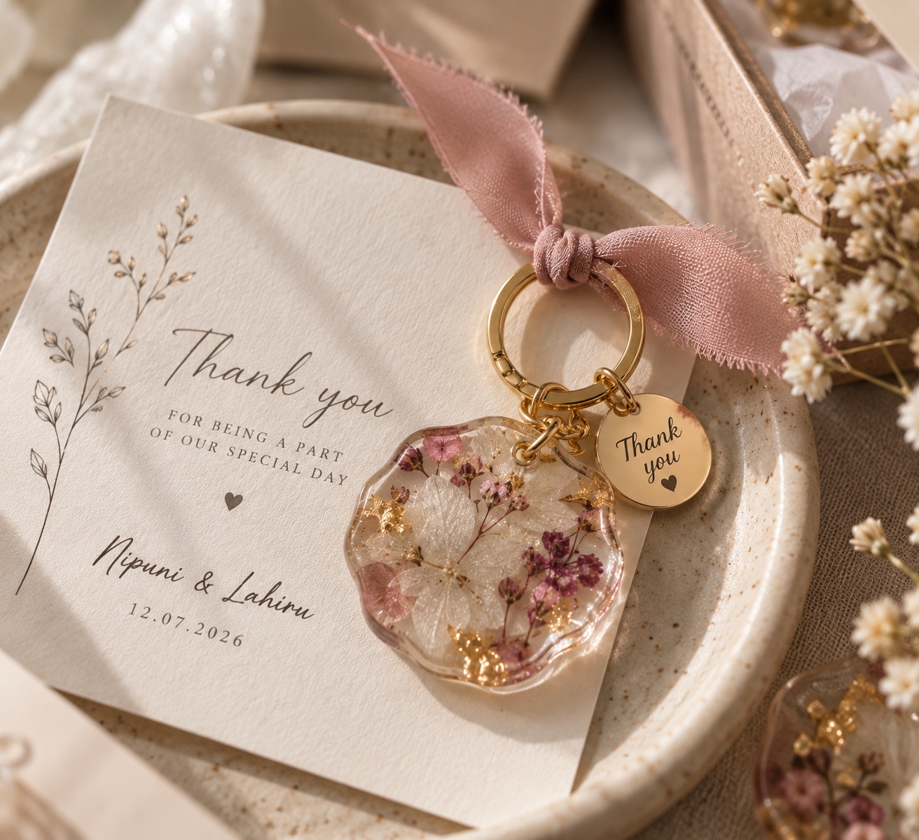 Wedding favour floral keytag with thank-you card — from WEDDING FAVOURS, Resin Gallery by Suu